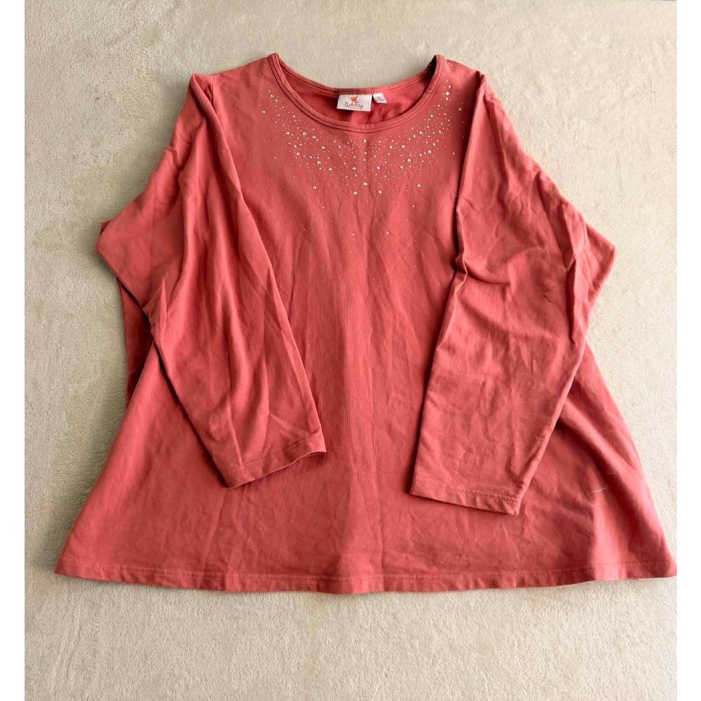 Quacker Factory Womens 3X Coral Pink Rhinestone Embellished Long Sleeve Top